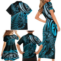 New Zealand Lizard Family Matching Short Sleeve Bodycon Dress and Hawaiian Shirt Silver Fern Aotearoa Maori Blue Version LT14 - Polynesian Pride