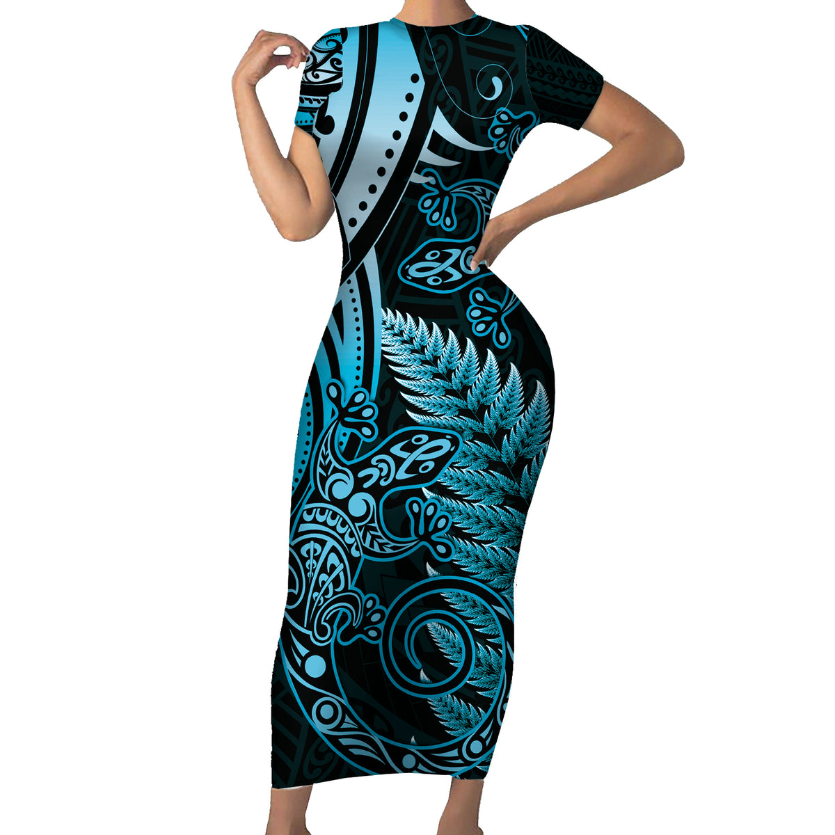 New Zealand Lizard Family Matching Short Sleeve Bodycon Dress and Hawaiian Shirt Silver Fern Aotearoa Maori Blue Version LT14 Mom's Dress Blue - Polynesian Pride