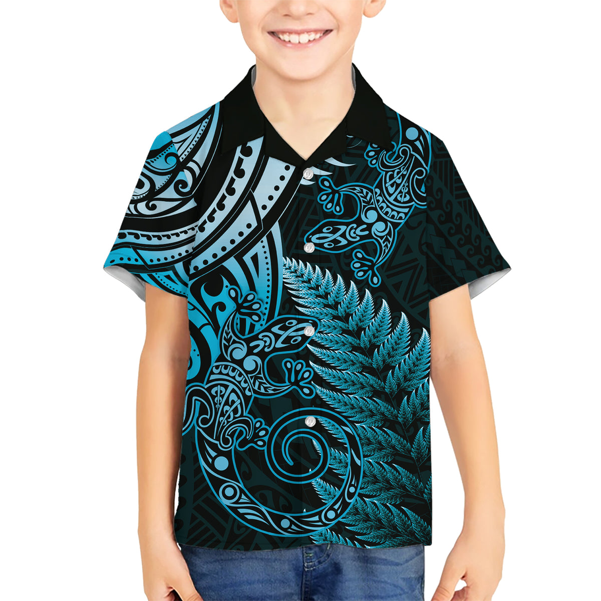 New Zealand Lizard Family Matching Short Sleeve Bodycon Dress and Hawaiian Shirt Silver Fern Aotearoa Maori Blue Version LT14 Son's Shirt Blue - Polynesian Pride