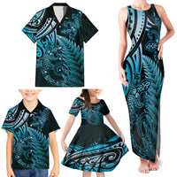 New Zealand Lizard Family Matching Tank Maxi Dress and Hawaiian Shirt Silver Fern Aotearoa Maori Blue Version LT14 - Polynesian Pride