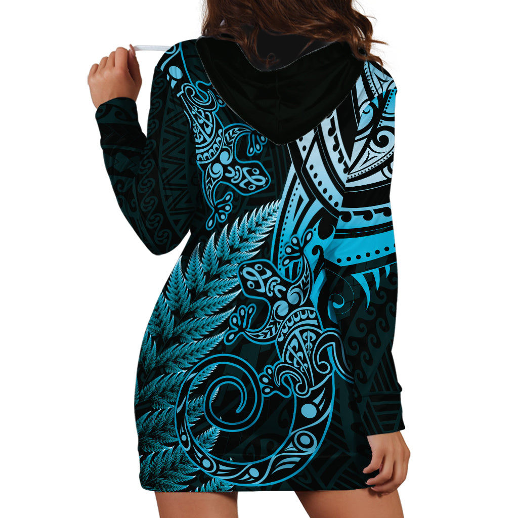 New Zealand Lizard Hoodie Dress Silver Fern Aotearoa Maori Blue Version LT14 - Polynesian Pride