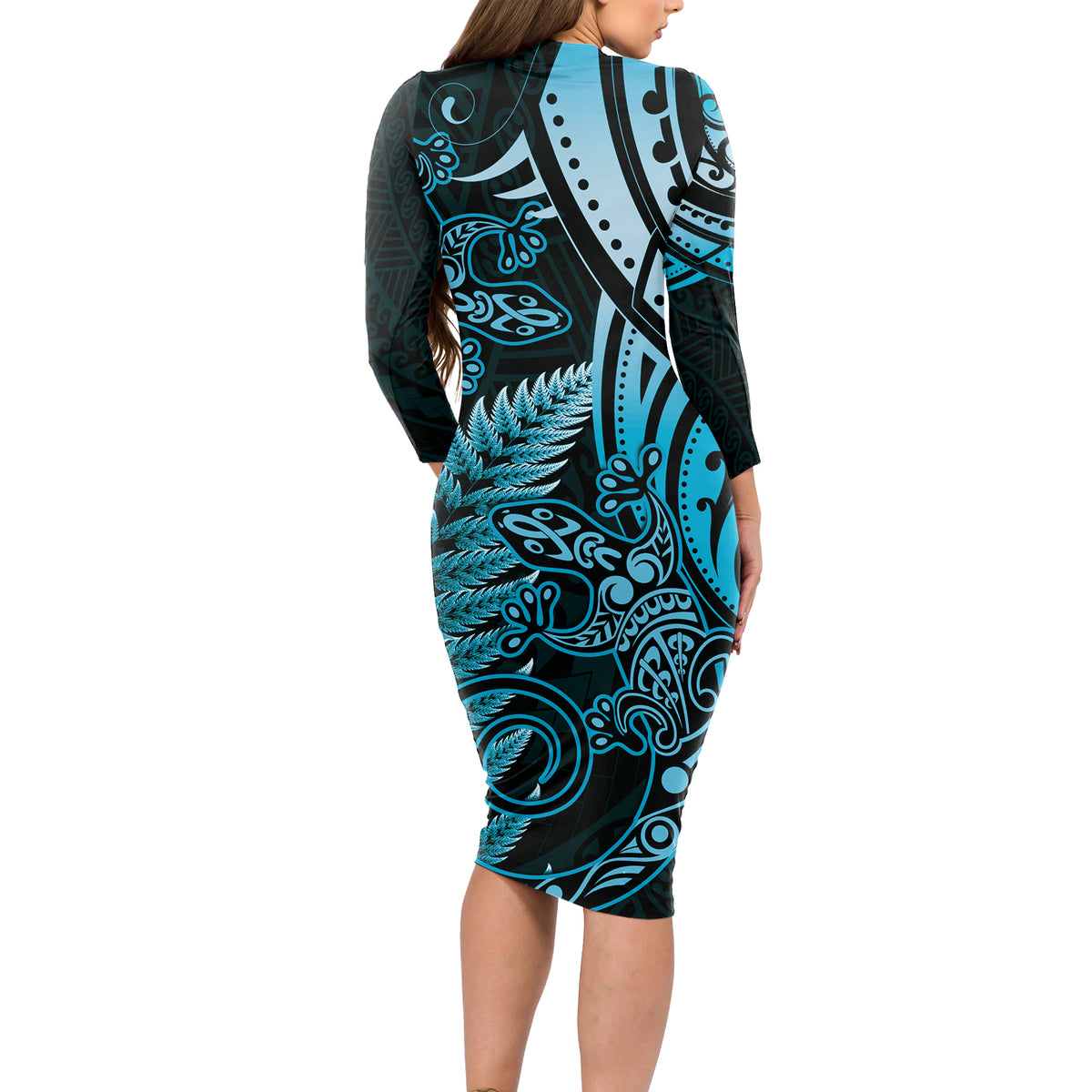 New Zealand Lizard Long Sleeve Bodycon Dress Silver Fern Aotearoa Maori Blue Version LT14 - Polynesian Pride