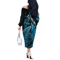 New Zealand Lizard Off The Shoulder Long Sleeve Dress Silver Fern Aotearoa Maori Blue Version LT14 - Polynesian Pride