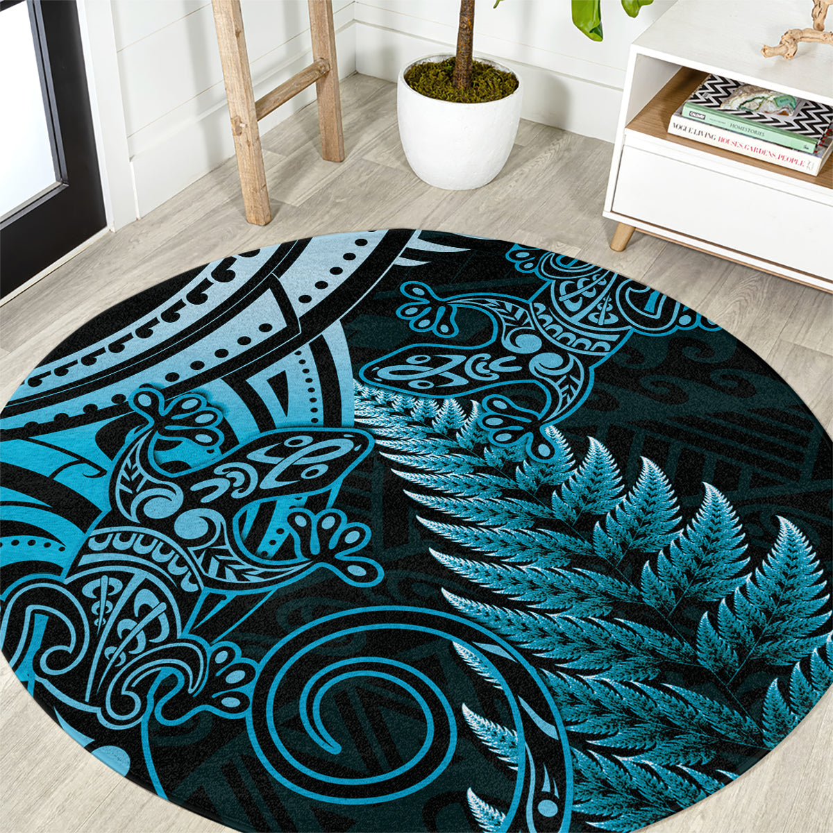 New Zealand Lizard Round Carpet Silver Fern Aotearoa Maori Blue Version LT14 Blue - Polynesian Pride