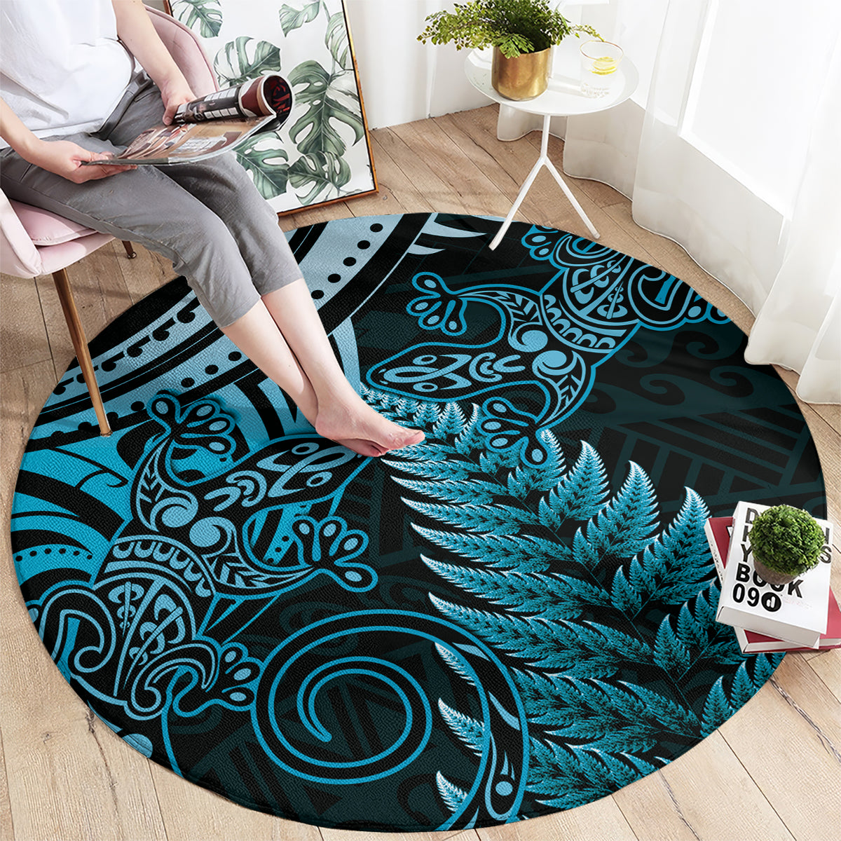 New Zealand Lizard Round Carpet Silver Fern Aotearoa Maori Blue Version LT14 - Polynesian Pride