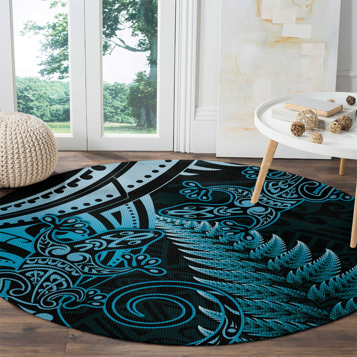 New Zealand Lizard Round Carpet Silver Fern Aotearoa Maori Blue Version LT14 - Polynesian Pride