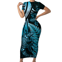 New Zealand Lizard Short Sleeve Bodycon Dress Silver Fern Aotearoa Maori Blue Version LT14 Long Dress Blue - Polynesian Pride