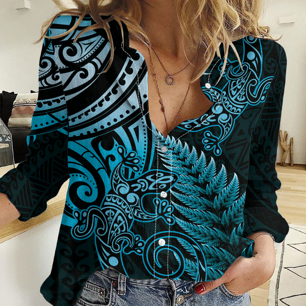 New Zealand Lizard Women Casual Shirt Silver Fern Aotearoa Maori Blue Version LT14 Female Blue - Polynesian Pride