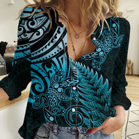 New Zealand Lizard Women Casual Shirt Silver Fern Aotearoa Maori Blue Version LT14 Female Blue - Polynesian Pride