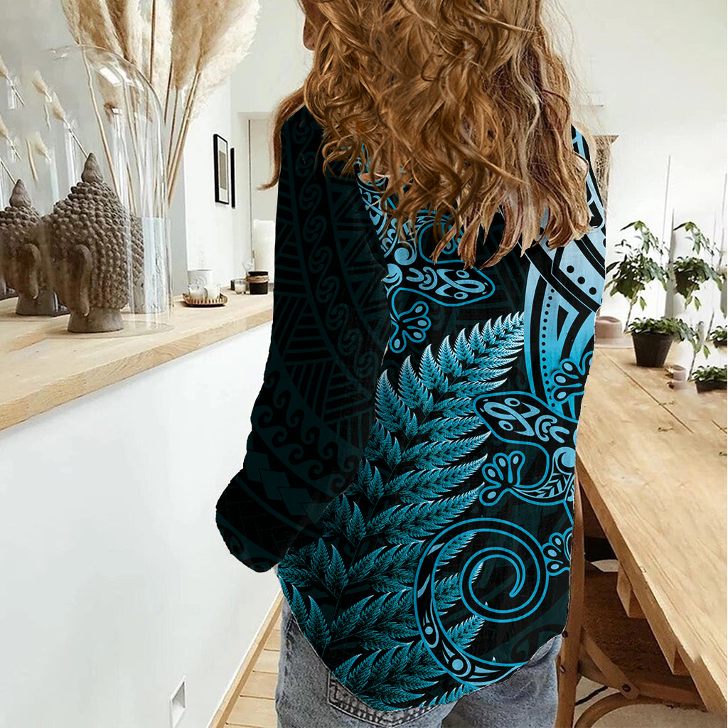New Zealand Lizard Women Casual Shirt Silver Fern Aotearoa Maori Blue Version LT14 - Polynesian Pride