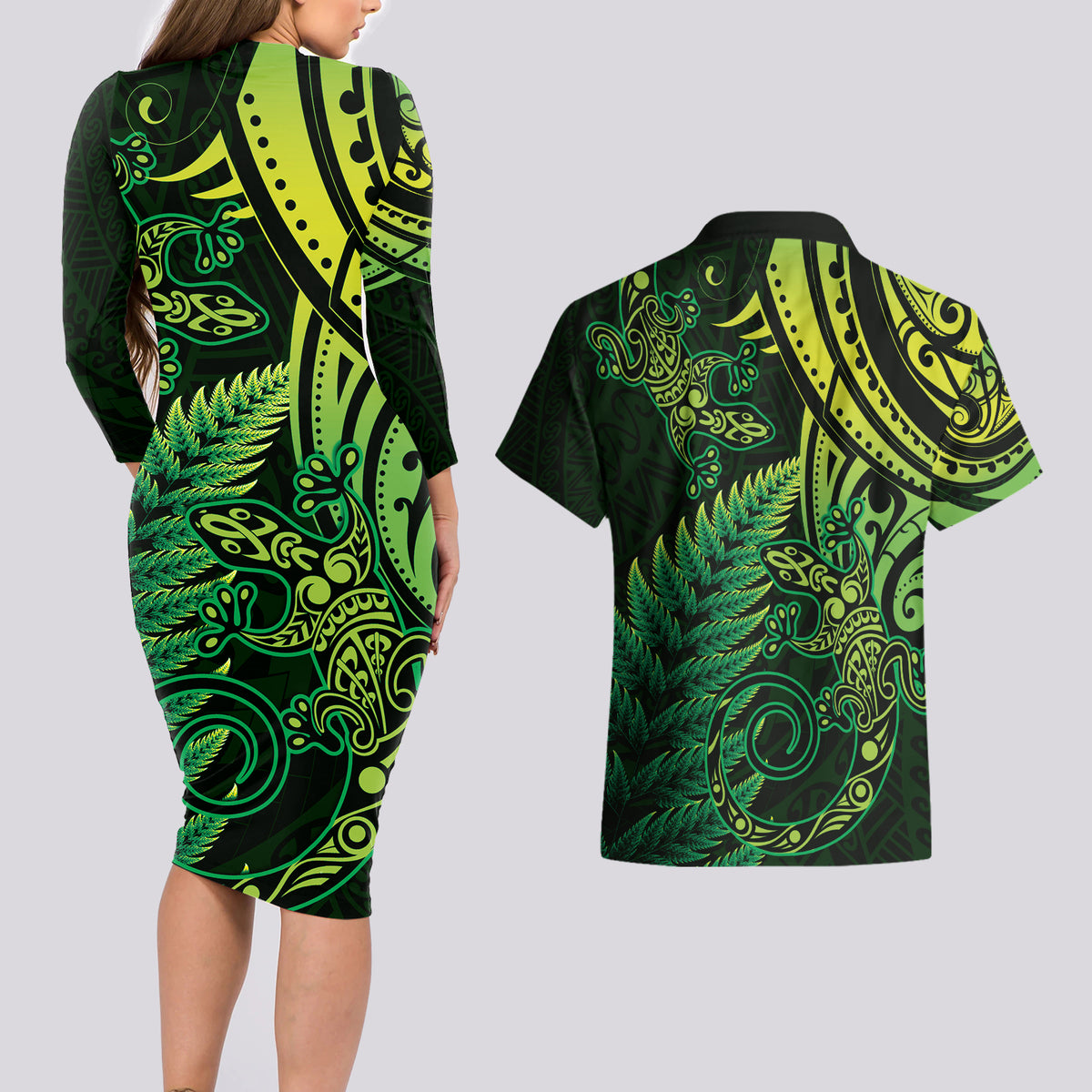 New Zealand Lizard Couples Matching Long Sleeve Bodycon Dress and Hawaiian Shirt Silver Fern Aotearoa Maori Green Version LT14 - Polynesian Pride