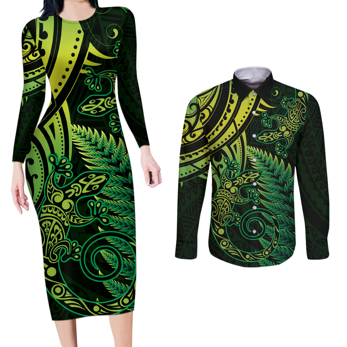 New Zealand Lizard Couples Matching Long Sleeve Bodycon Dress and Long Sleeve Button Shirt Silver Fern Aotearoa Maori Green Version LT14 Green - Polynesian Pride