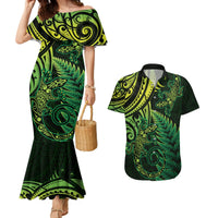 New Zealand Lizard Couples Matching Mermaid Dress and Hawaiian Shirt Silver Fern Aotearoa Maori Green Version LT14 Green - Polynesian Pride