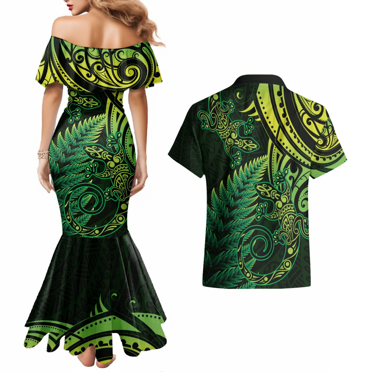 New Zealand Lizard Couples Matching Mermaid Dress and Hawaiian Shirt Silver Fern Aotearoa Maori Green Version LT14 - Polynesian Pride