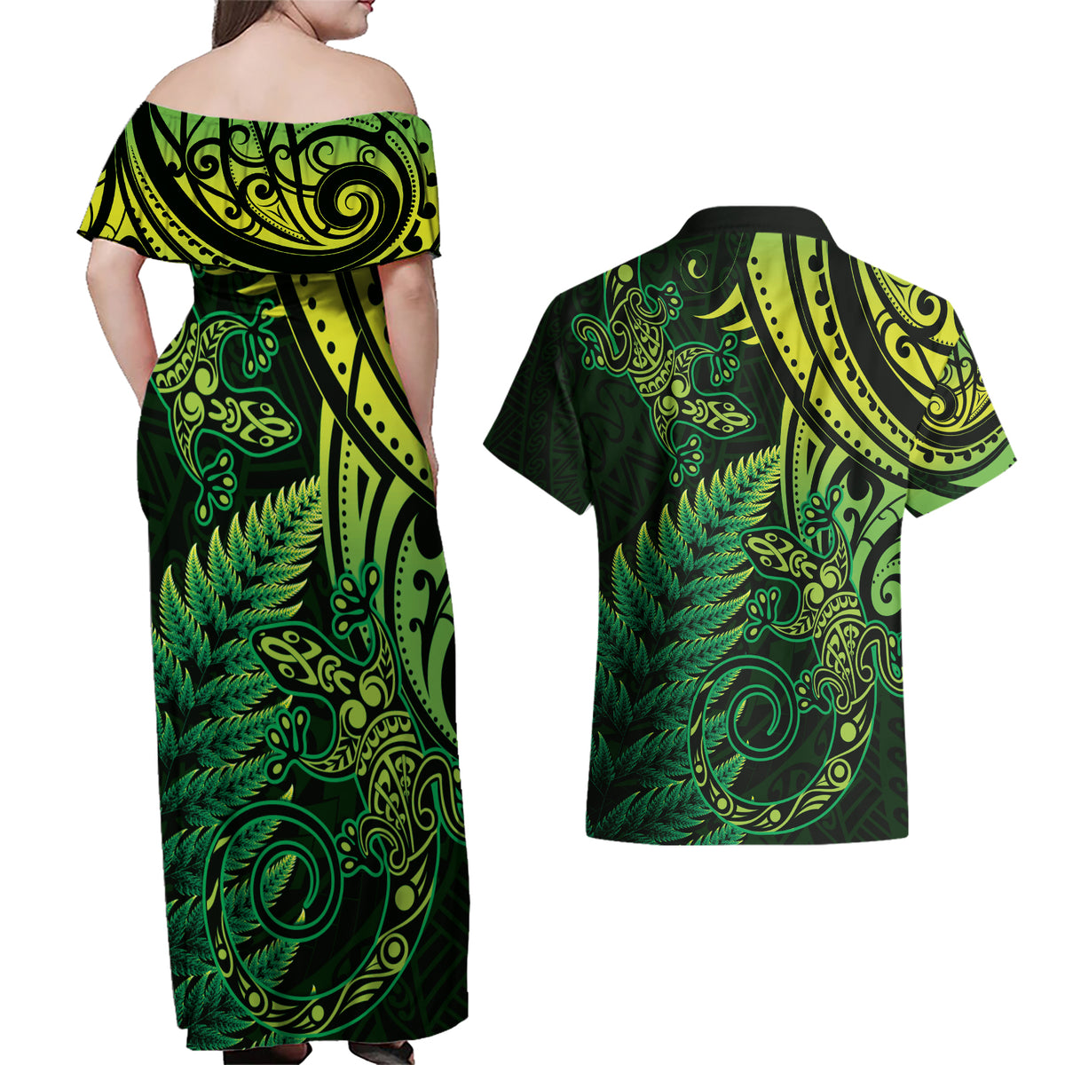 New Zealand Lizard Couples Matching Off Shoulder Maxi Dress and Hawaiian Shirt Silver Fern Aotearoa Maori Green Version LT14 - Polynesian Pride
