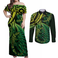 New Zealand Lizard Couples Matching Off Shoulder Maxi Dress and Long Sleeve Button Shirt Silver Fern Aotearoa Maori Green Version LT14 Green - Polynesian Pride