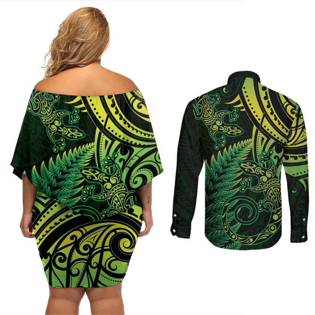 New Zealand Lizard Couples Matching Off Shoulder Short Dress and Long Sleeve Button Shirt Silver Fern Aotearoa Maori Green Version LT14 - Polynesian Pride