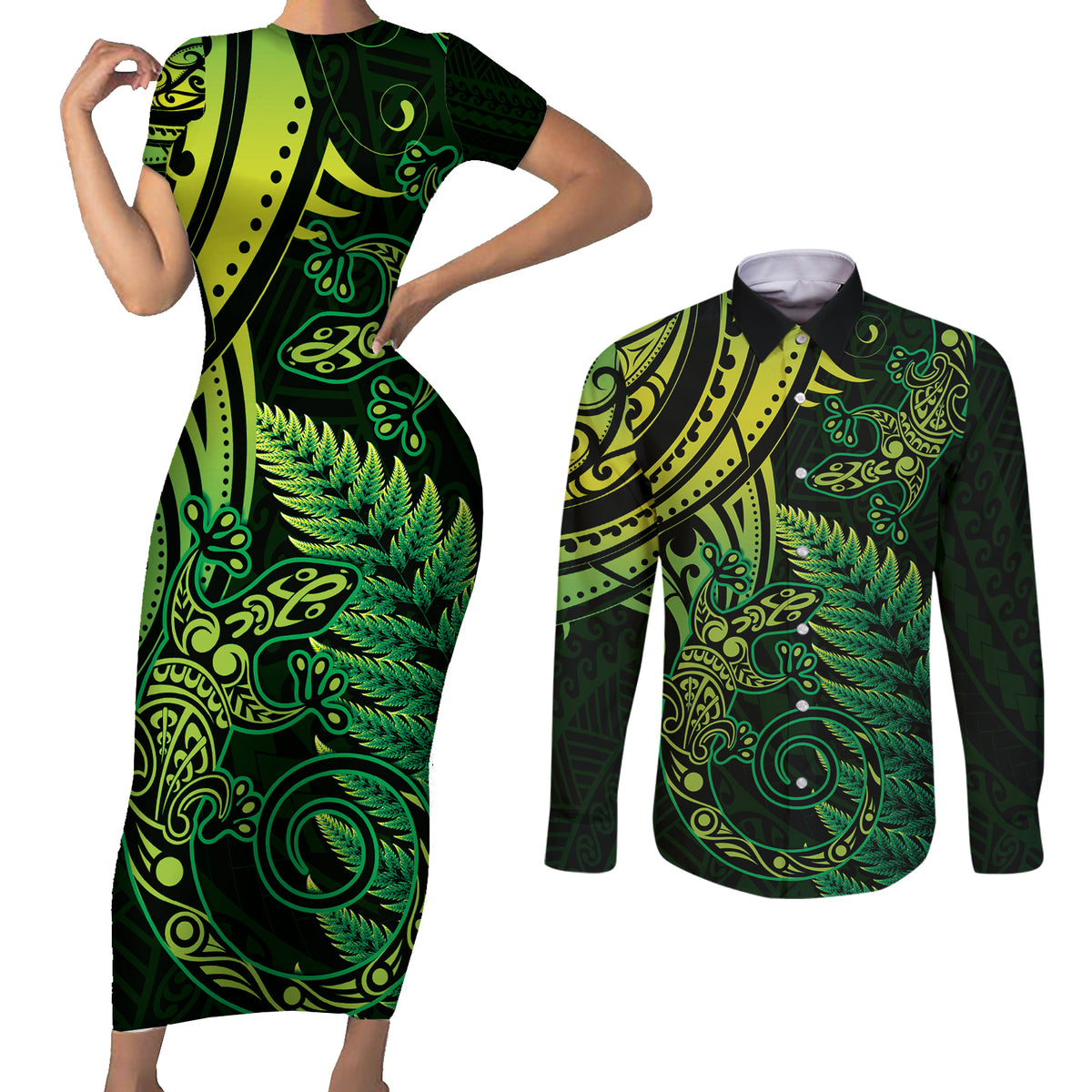 New Zealand Lizard Couples Matching Short Sleeve Bodycon Dress and Long Sleeve Button Shirt Silver Fern Aotearoa Maori Green Version LT14 Green - Polynesian Pride