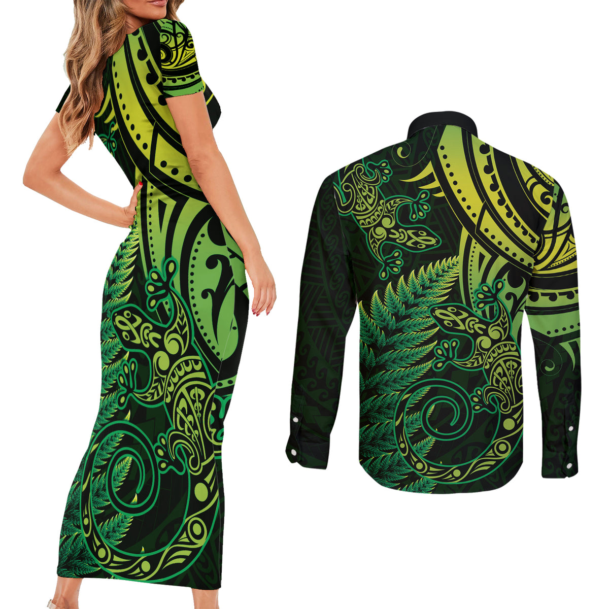 New Zealand Lizard Couples Matching Short Sleeve Bodycon Dress and Long Sleeve Button Shirt Silver Fern Aotearoa Maori Green Version LT14 - Polynesian Pride