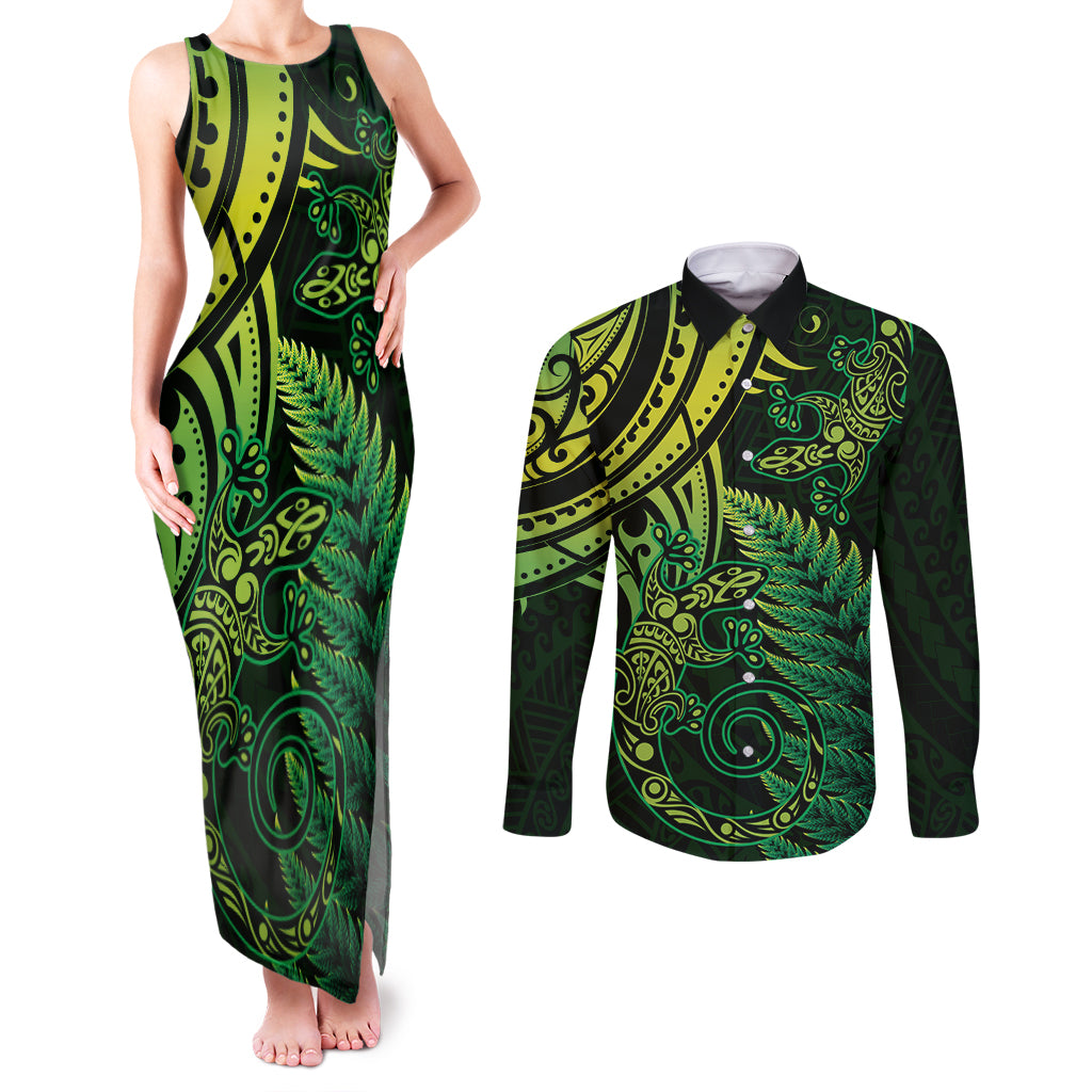 New Zealand Lizard Couples Matching Tank Maxi Dress and Long Sleeve Button Shirt Silver Fern Aotearoa Maori Green Version LT14 Green - Polynesian Pride
