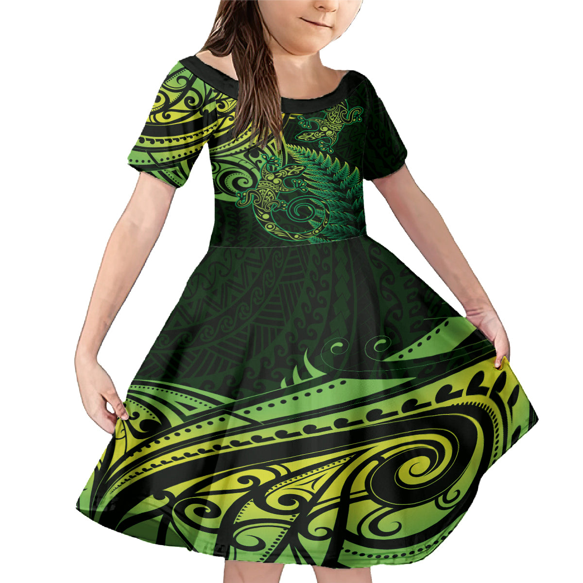 New Zealand Lizard Family Matching Mermaid Dress and Hawaiian Shirt Silver Fern Aotearoa Maori Green Version LT14 Daughter's Dress Green - Polynesian Pride