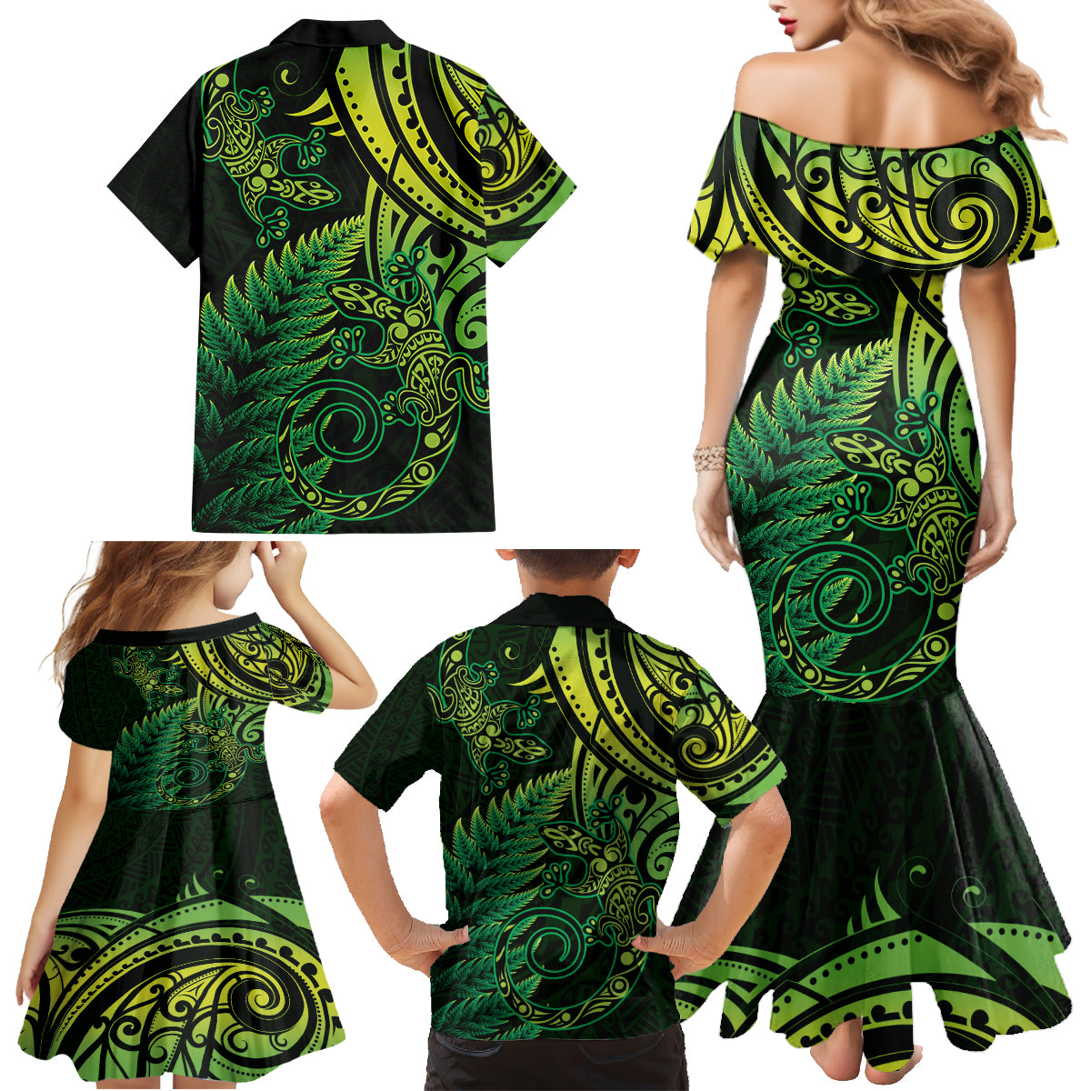 New Zealand Lizard Family Matching Mermaid Dress and Hawaiian Shirt Silver Fern Aotearoa Maori Green Version LT14 - Polynesian Pride