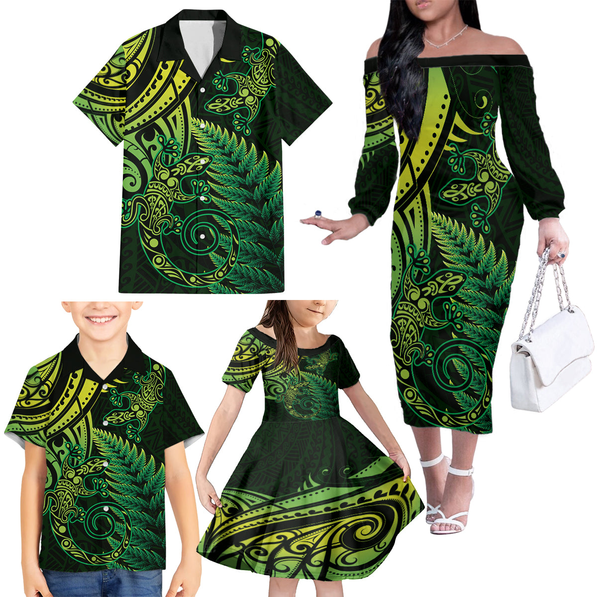 New Zealand Lizard Family Matching Off The Shoulder Long Sleeve Dress and Hawaiian Shirt Silver Fern Aotearoa Maori Green Version LT14 - Polynesian Pride