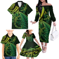 New Zealand Lizard Family Matching Off The Shoulder Long Sleeve Dress and Hawaiian Shirt Silver Fern Aotearoa Maori Green Version LT14 - Polynesian Pride