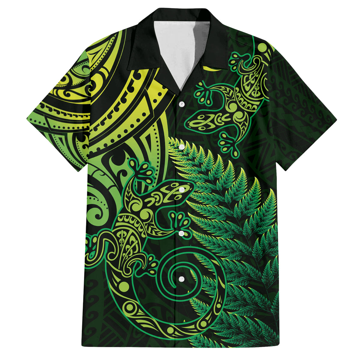 New Zealand Lizard Family Matching Off The Shoulder Long Sleeve Dress and Hawaiian Shirt Silver Fern Aotearoa Maori Green Version LT14 Dad's Shirt - Short Sleeve Green - Polynesian Pride