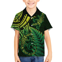 New Zealand Lizard Family Matching Off The Shoulder Long Sleeve Dress and Hawaiian Shirt Silver Fern Aotearoa Maori Green Version LT14 Son's Shirt Green - Polynesian Pride