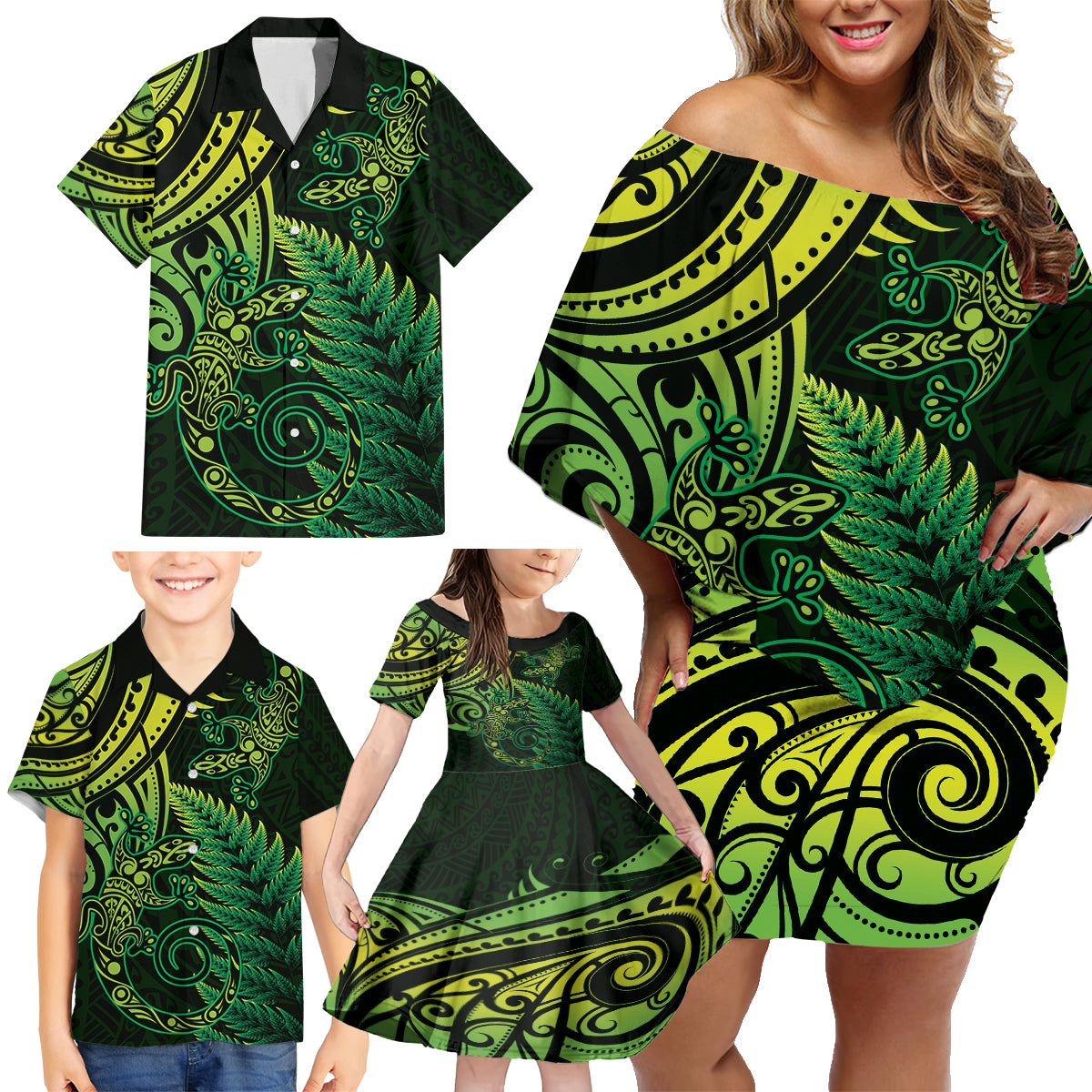 New Zealand Lizard Family Matching Off Shoulder Short Dress and Hawaiian Shirt Silver Fern Aotearoa Maori Green Version LT14 - Polynesian Pride