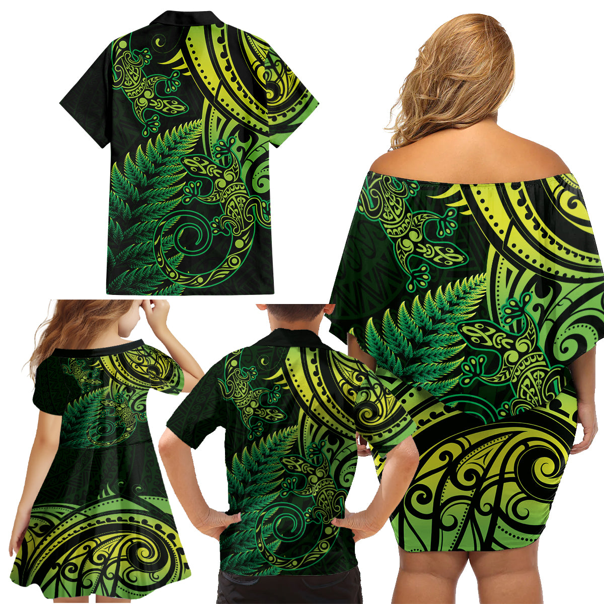 New Zealand Lizard Family Matching Off Shoulder Short Dress and Hawaiian Shirt Silver Fern Aotearoa Maori Green Version LT14 - Polynesian Pride