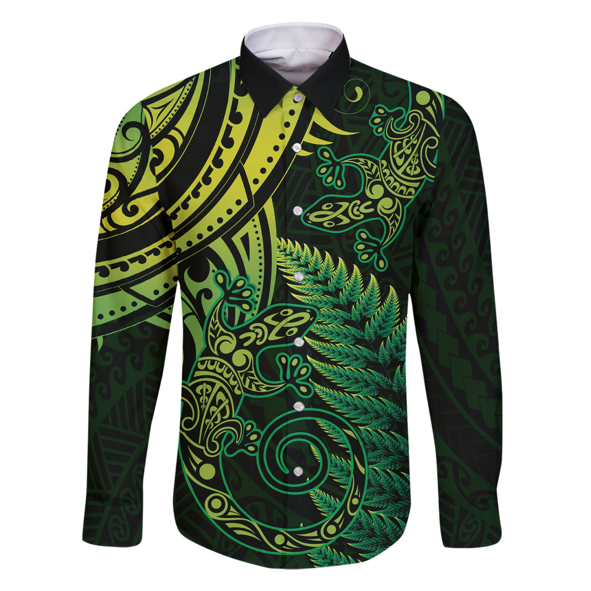 New Zealand Lizard Family Matching Off Shoulder Short Dress and Hawaiian Shirt Silver Fern Aotearoa Maori Green Version LT14 Dad's Shirt - Long Sleeve Green - Polynesian Pride
