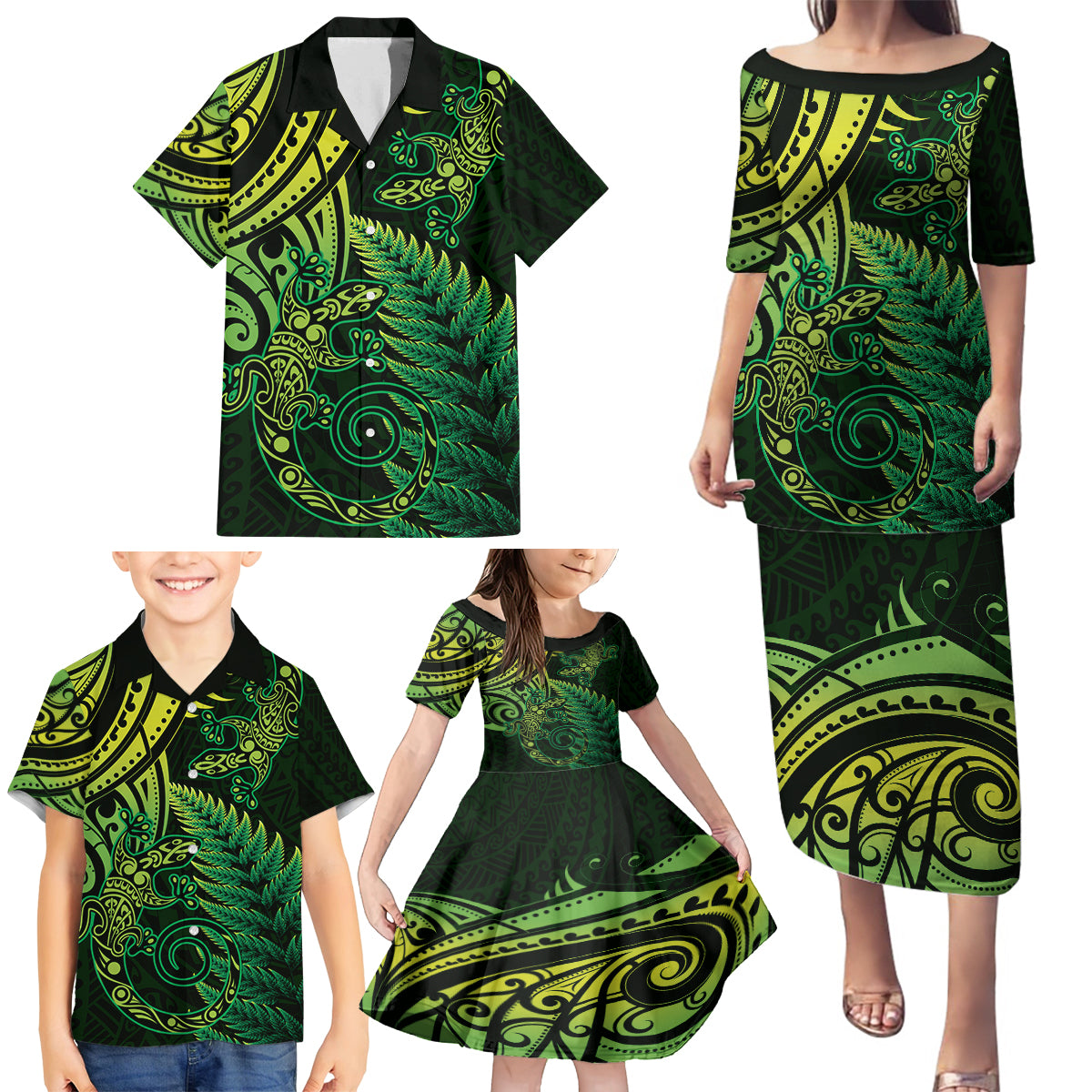 New Zealand Lizard Family Matching Puletasi and Hawaiian Shirt Silver Fern Aotearoa Maori Green Version LT14 - Polynesian Pride