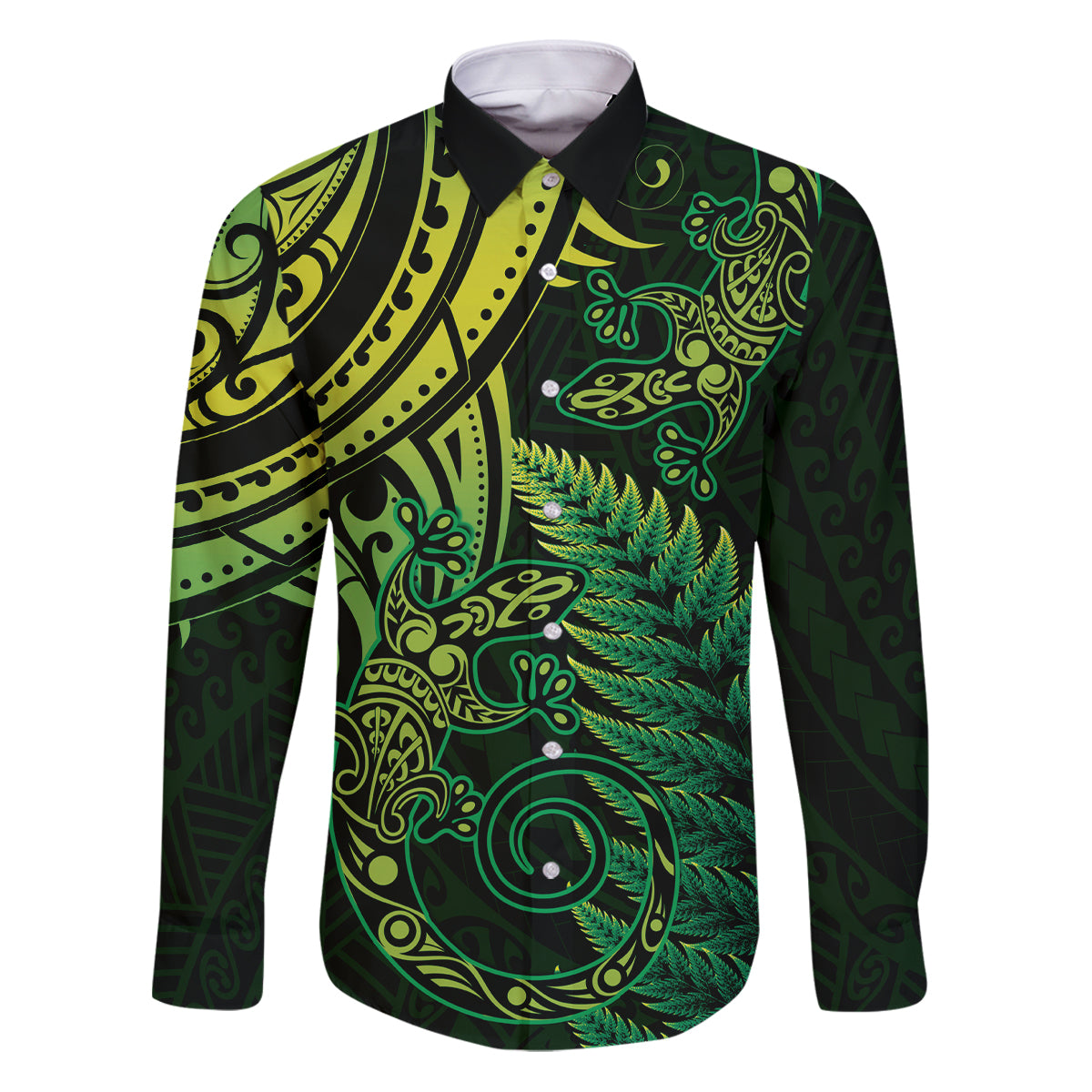 New Zealand Lizard Family Matching Puletasi and Hawaiian Shirt Silver Fern Aotearoa Maori Green Version LT14 Dad's Shirt - Long Sleeve Green - Polynesian Pride