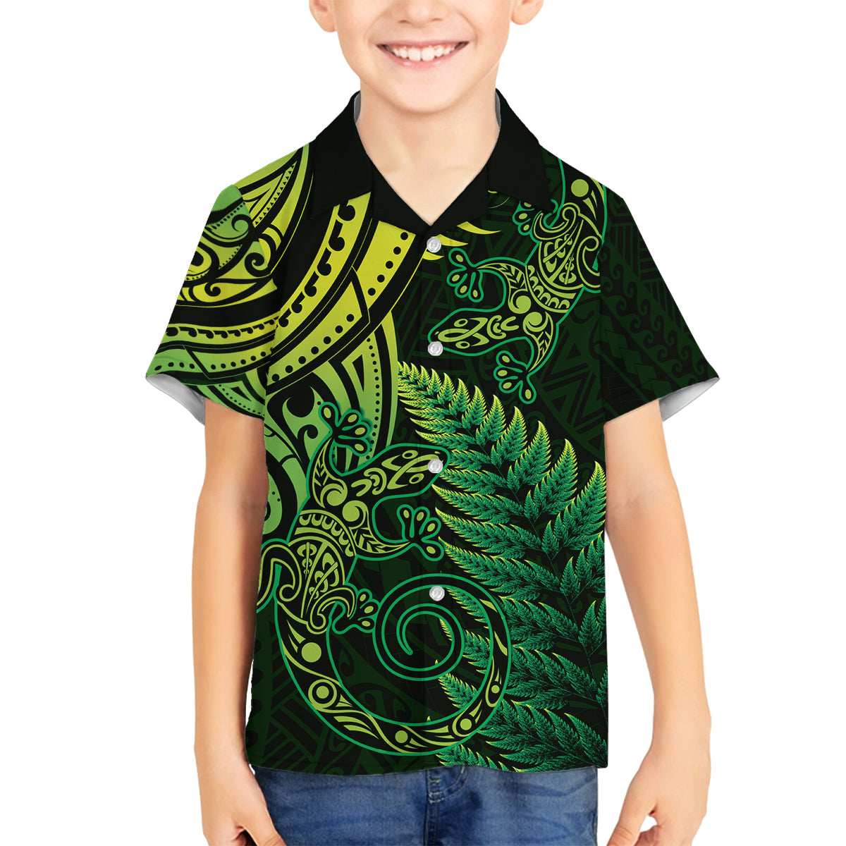New Zealand Lizard Family Matching Puletasi and Hawaiian Shirt Silver Fern Aotearoa Maori Green Version LT14 Son's Shirt Green - Polynesian Pride