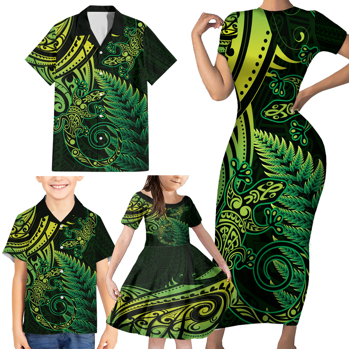 New Zealand Lizard Family Matching Short Sleeve Bodycon Dress and Hawaiian Shirt Silver Fern Aotearoa Maori Green Version LT14 - Polynesian Pride