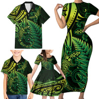 New Zealand Lizard Family Matching Short Sleeve Bodycon Dress and Hawaiian Shirt Silver Fern Aotearoa Maori Green Version LT14 - Polynesian Pride
