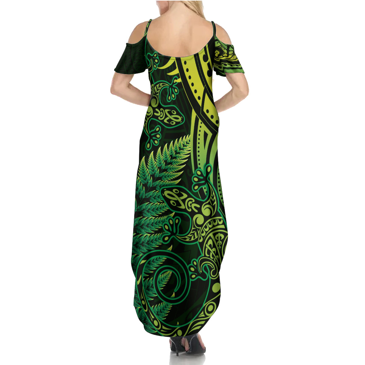 New Zealand Lizard Family Matching Summer Maxi Dress and Hawaiian Shirt Silver Fern Aotearoa Maori Green Version LT14 - Polynesian Pride