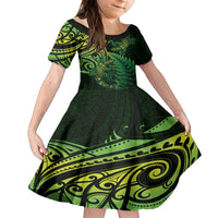 New Zealand Lizard Family Matching Tank Maxi Dress and Hawaiian Shirt Silver Fern Aotearoa Maori Green Version LT14 Daughter's Dress Green - Polynesian Pride