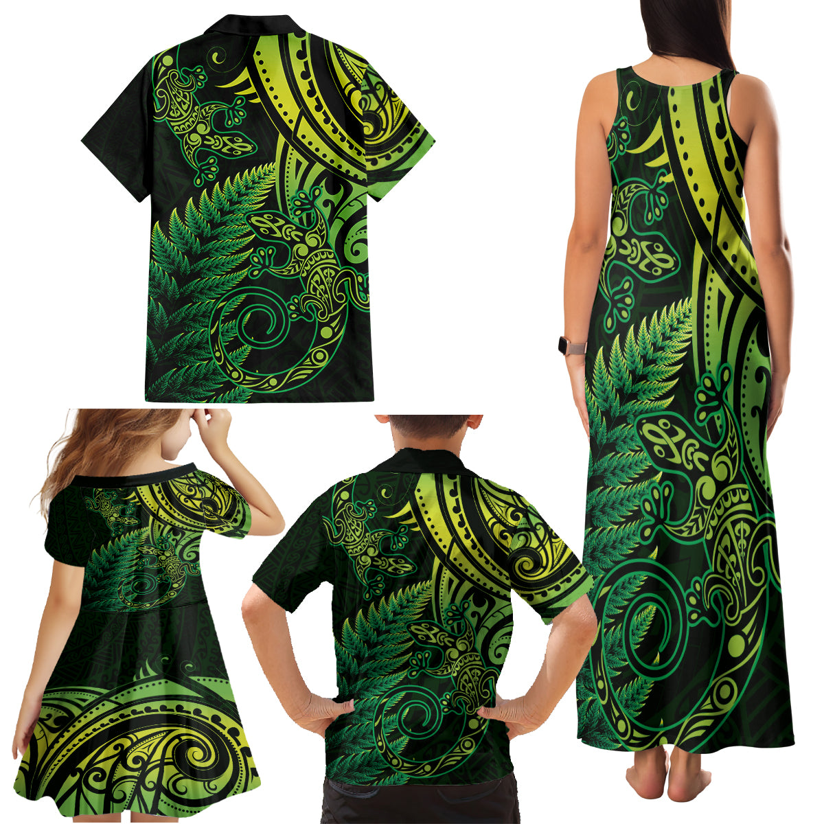 New Zealand Lizard Family Matching Tank Maxi Dress and Hawaiian Shirt Silver Fern Aotearoa Maori Green Version LT14 - Polynesian Pride