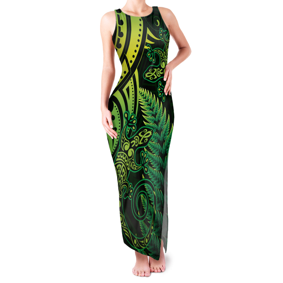New Zealand Lizard Family Matching Tank Maxi Dress and Hawaiian Shirt Silver Fern Aotearoa Maori Green Version LT14 Mom's Dress Green - Polynesian Pride