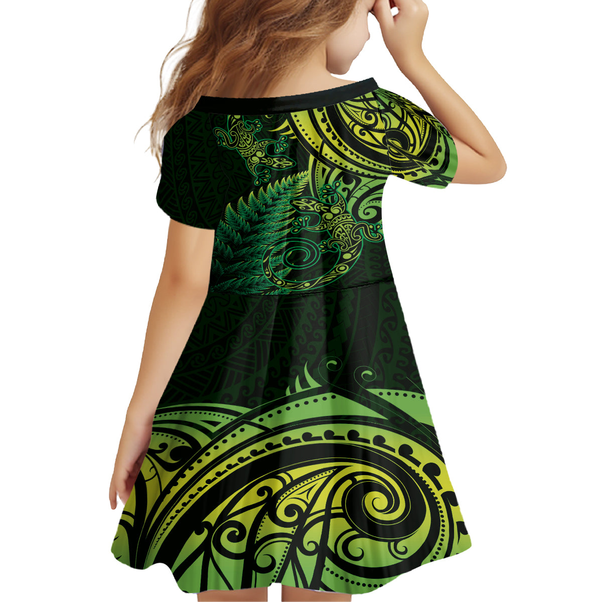 New Zealand Lizard Kid Short Sleeve Dress Silver Fern Aotearoa Maori Green Version LT14 - Polynesian Pride