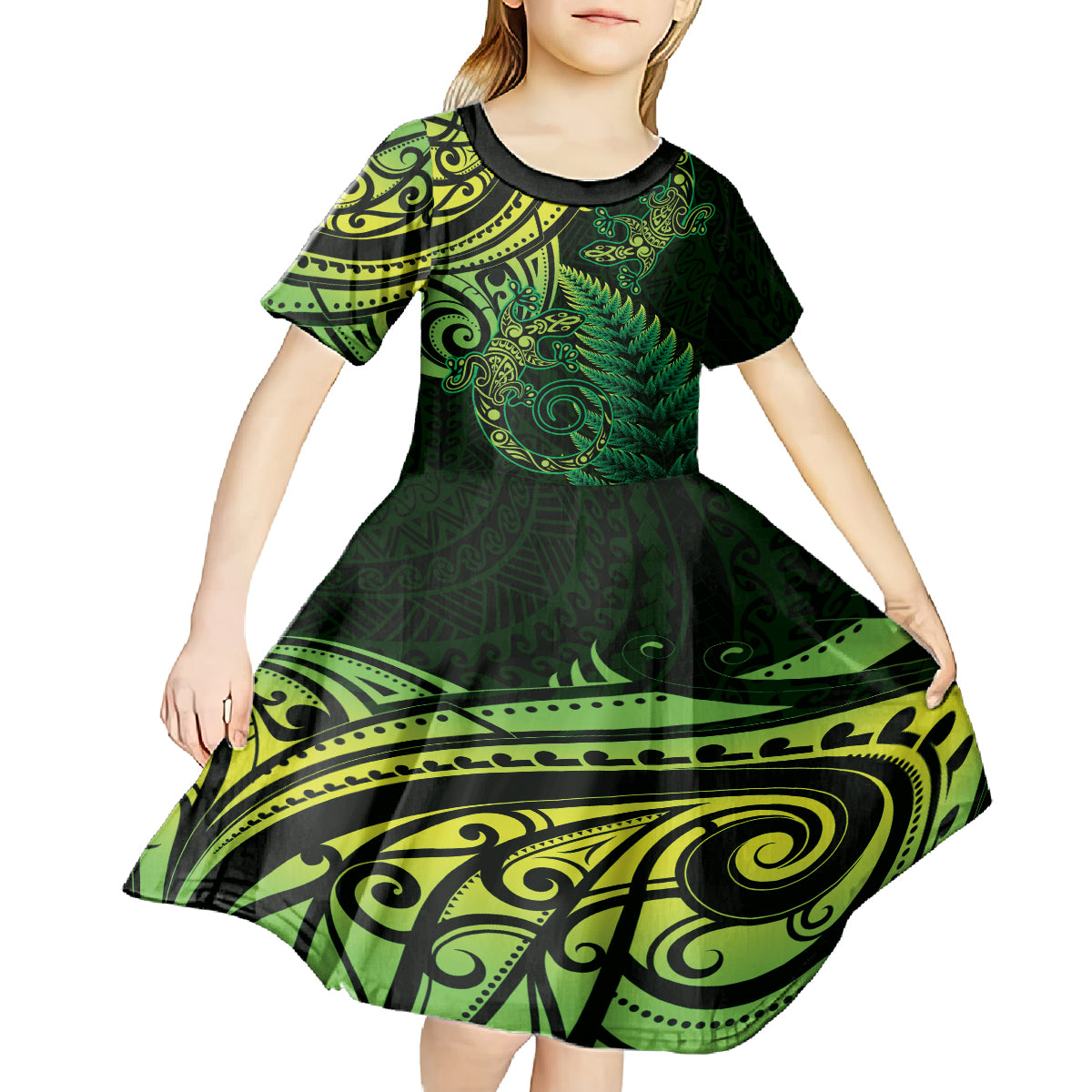 New Zealand Lizard Kid Short Sleeve Dress Silver Fern Aotearoa Maori Green Version LT14 - Polynesian Pride