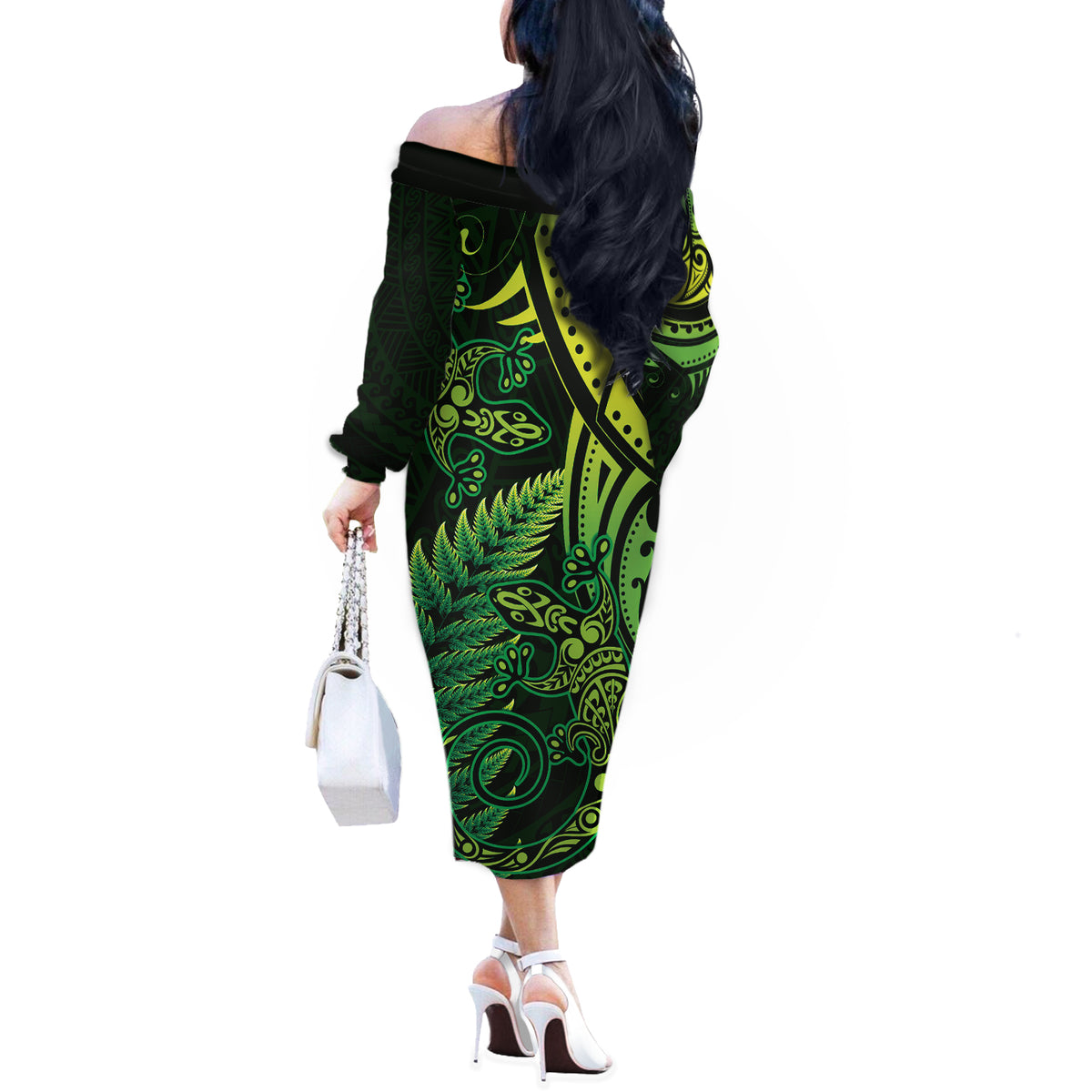 New Zealand Lizard Off The Shoulder Long Sleeve Dress Silver Fern Aotearoa Maori Green Version LT14 - Polynesian Pride
