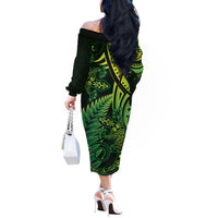 New Zealand Lizard Off The Shoulder Long Sleeve Dress Silver Fern Aotearoa Maori Green Version LT14 - Polynesian Pride