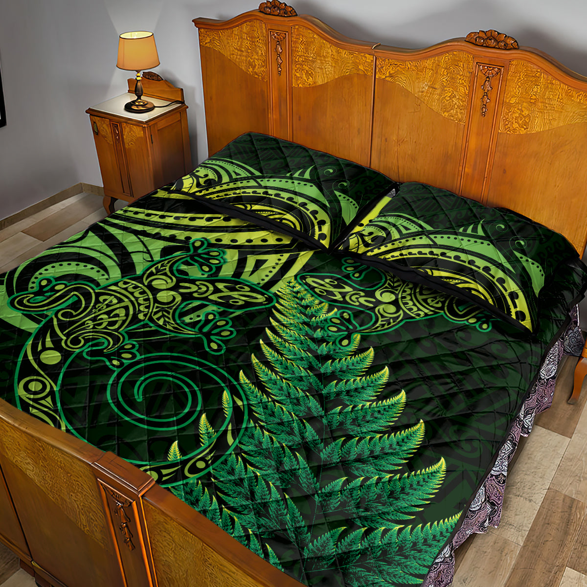 New Zealand Lizard Quilt Bed Set Silver Fern Aotearoa Maori Green Version