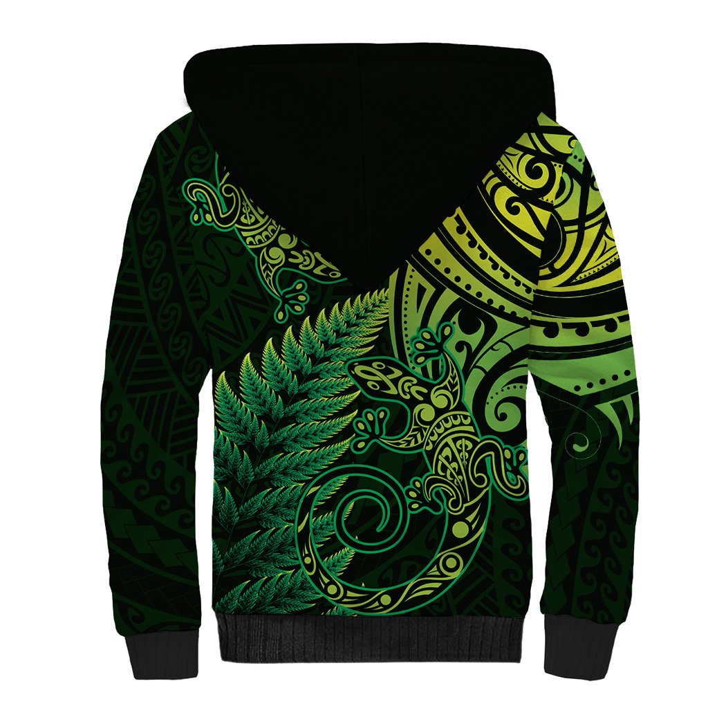 New Zealand Lizard Sherpa Hoodie Silver Fern Aotearoa Maori Green Version LT14 - Polynesian Pride