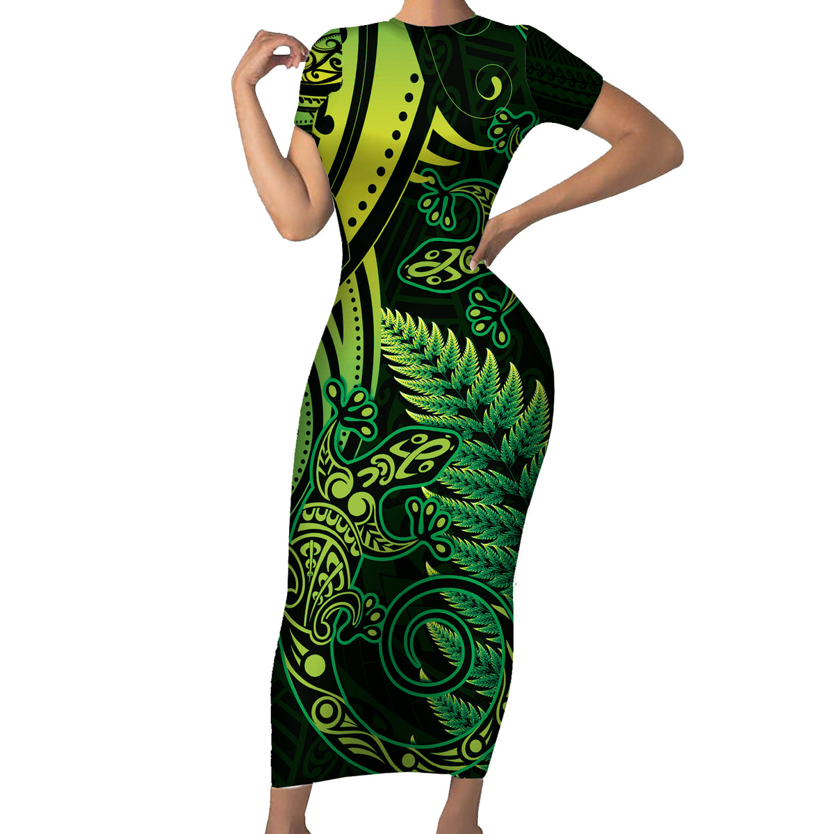 New Zealand Lizard Short Sleeve Bodycon Dress Silver Fern Aotearoa Maori Green Version LT14 Long Dress Green - Polynesian Pride