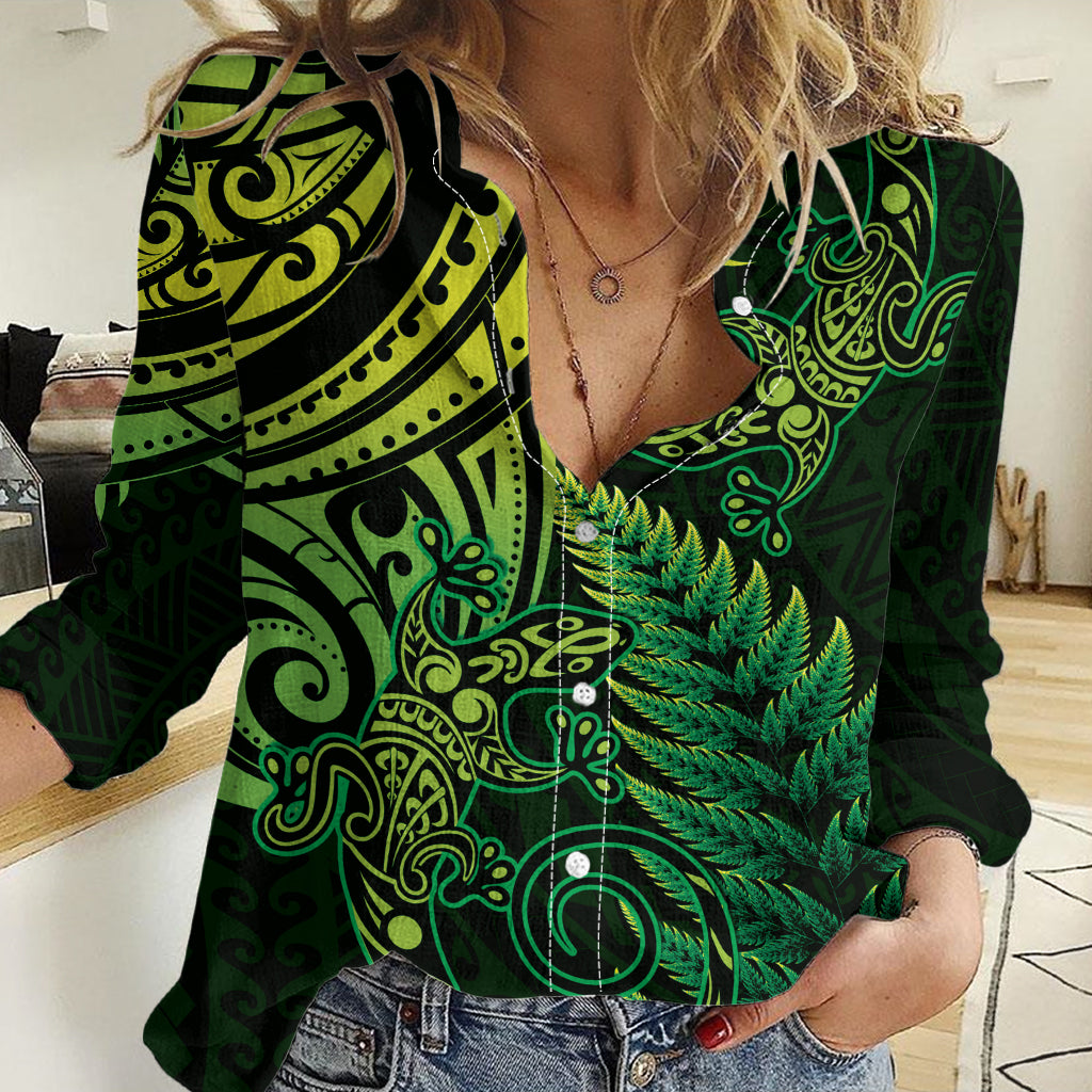 New Zealand Lizard Women Casual Shirt Silver Fern Aotearoa Maori Green Version LT14 Female Green - Polynesian Pride